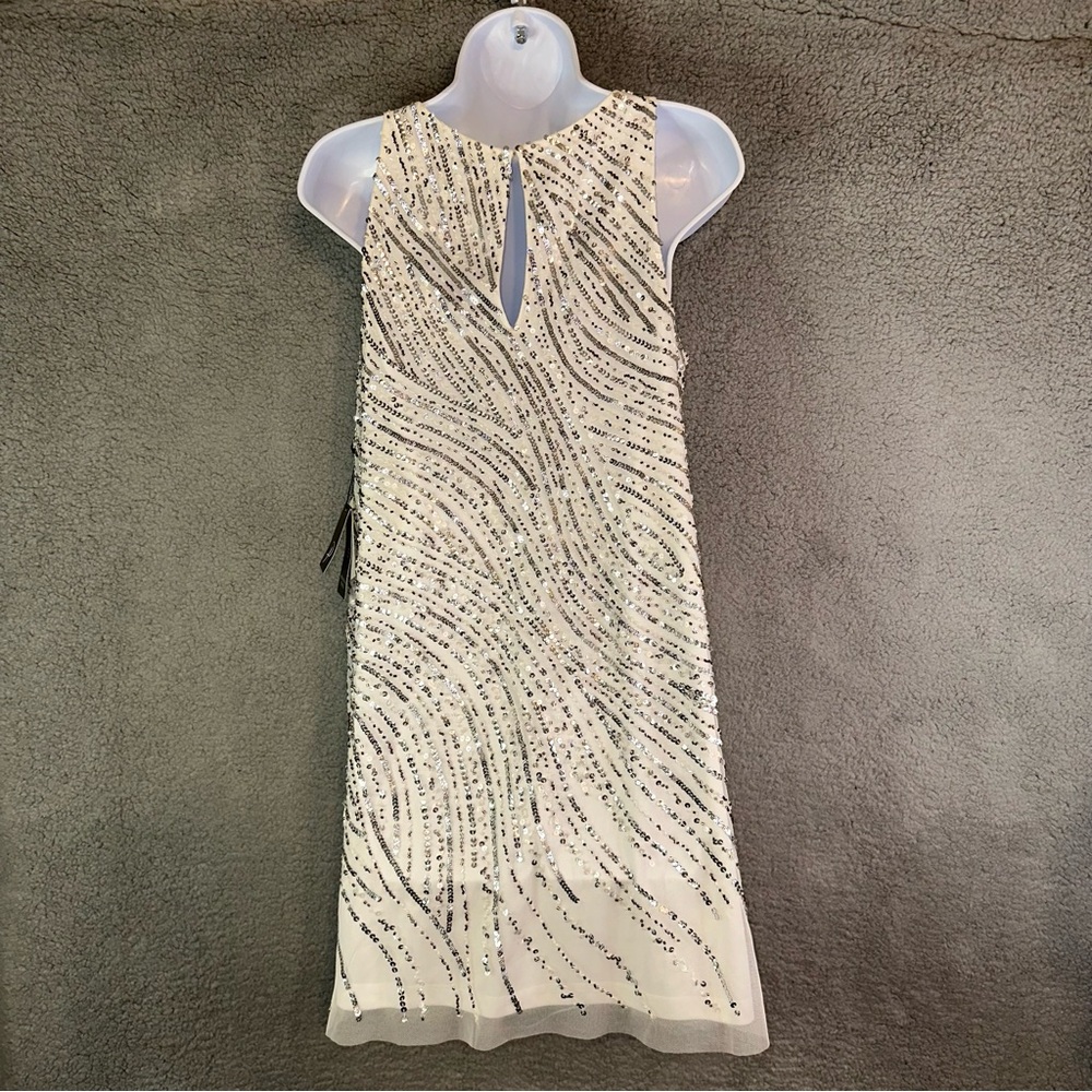 NWT ADRIANNA PAPELL Beaded Sequined Trapeze Mesh Shift Dress - Picture 5 of 11